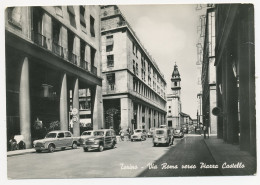 D7133] TORINO VIA ROMA - MOLTE AUTOMOBILI FIAT GIARDINETTA, 1100, TOPOLINO Viaggiata 1957 Auto - Other Monuments & Buildings