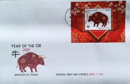 Tonga 2021, Year Of The Ox, Block In FDC - Chinees Nieuwjaar