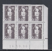 France N° 2617 XX Marianne De Briat  10 C. Bistre-noir En Bloc De 6 Coin Daté Du  16 - 10 - 90 ; 1 Barre ; Sans Char. TB - 1990-1999