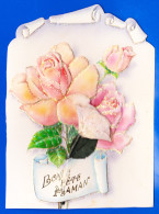 Fete-136P38 Carte Gaufrée ""bonne Fête Maman"", Roses En Relief, Ajoutis D'une Fleur En Tissu,  - Fête Des Mères