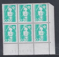 France N° 2618 XX Marianne De Briat  20 C. émeraude En Bloc De 6 Coin Daté Du  11 - 12 - 90  Sans Charnière TB - 1980-1989