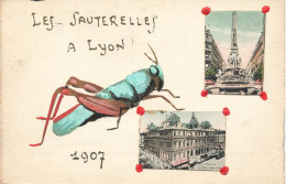 Les Sauterelles à Lyon En 1907 * CPA Peinte à La Main , Unisue , Illustrateur + 2 Petites Vues * Souvenir * Lyon - Other & Unclassified