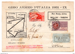 1931 Milano/Torino Del 13.8.31 - Busta Del Giro Aereo - Storia Postale (Posta Aerea)