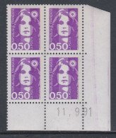 France N° 2619 XX  Briat  50 C. Violet-rouge En Bloc De 4 Coin Daté Du 11 - 9 - 91 ; Gomme Légèrement Altérée Sinon TB - 1980-1989