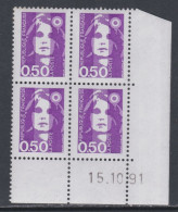 France N° 2619 XX  Briat  50 C. Violet-rouge En Bloc De 4 Coin Daté Du 15 - 10 - 91 ; Gomme Légèrement Altérée Sinon TB - 1980-1989