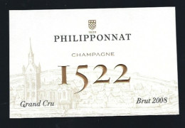 Etiquette Champagne Brut Grand Cru  Millésimé 2008  Cuvée 1522 Philipponnat  AŸ Marne 51 - Champagne