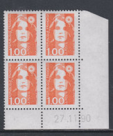 France N° 2620 XX Marianne De Briat 1 F. Orange En Bloc De 4 Coin Daté Du 27 - 11 - 90 ; Sans Charnière, TB - 1980-1989