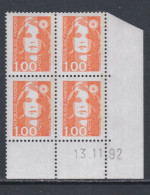 France N° 2620 XX Marianne De Briat 1 F. Orange En Bloc De 4 Coin Daté Du 13 - 11 - 92 ; Sans Charnière, TB - 1980-1989