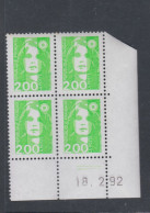 France N° 2621 XX Marianne De Briat 2 F. Vert Clair En Bloc De 4 Coin Daté Du 18 - 02 - 92 ; 2 Traits  Sans Charnière TB - 1990-1999