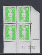 France N° 2621 XX Marianne De Briat 2 F. Vert Clair En Bloc De 4 Coin Daté Du 18 - 02 - 92 ; 1 Barre ; Sans Charnière TB - 1990-1999