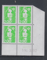 France N° 2621 XX Marianne De Briat 2 F. Vert Clair En Bloc De 4 Coin Daté Du 19 - 02 - 92 ; 2 Traits  Sans Charnière TB - 1990-1999