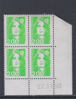 France N° 2621 XX Mar. Briat 2 F. Vert Clair En Bloc De 4 Coin Daté Du 22 - 11 - 90 ; Gomme Légèrement Altérée, Sinon TB - 1980-1989