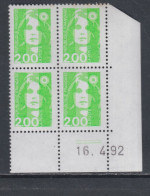 France N° 2621 XX Mar. Briat 2 F. Vert Clair En Bloc De 4 Coin Daté Du 16 - 4 - 92 ; Gomme Légèrement Altérée, Sinon TB - 1980-1989