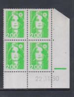 France N° 2621 XX Briat 2 F. Vert Clair En Bloc De 4 Coin Daté Du 22 - 11 - 90 ; 1 Barre Gomme Légère. Altérée, Sinon TB - 1980-1989