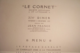 MENU  - " LE  CORNET " - 274 E  DINER - 06 Décembre 1929 - Présidé Par  Jean FRANCE  (Hotels & Casinos Du TOUQUET - Menus