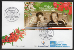 URUGUAY 2023 (Diplomacy, Chile, Poets, M E Vaz Ferreira, Gabriela Mistral, Nobel Prize, Literature, Flowers) - 1 FDC - Sellos