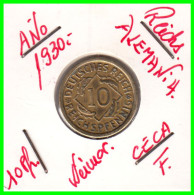 GERMANY REPÚBLICA DE WEIMAR 10 PFENNIG DE PENSIÓN ( 1930 CECA - F ) MONEDA DEL AÑO 1923-1936 (RENTENPFENNIG KM # 32 - 10 Rentenpfennig & 10 Reichspfennig