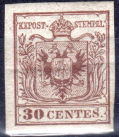 * 1850 Lombardo Veneto 30 Cent Bruno Nuovo Con Gomma Sass. N8 (II Tipo) (21000) - Lombardo-Vénétie