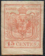 * 1854 Lombardo Veneto - 15c Rosso Vermiglio (20) ,III Tipo Carta A Macchina,Cert Cardillo ( 4.500) - Lombardije-Venetië