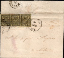 Ltr 1852 - Parma - Lettera Da Piacenza A Milano, Striscia Di 3 Val Da 5c (1a) Cert. A. Zappalà (4.500) - Parma