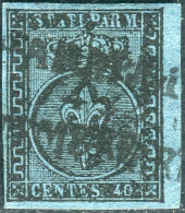 Us 1852 Parma - 40 Centesimi Azzurro Bordo Foglio (5) Usato Bollo Lineare Su 3 Righi Parma 4 Sett. Cert. L. Guido - Parma
