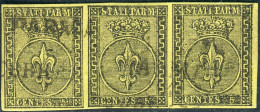 Us 1852 Parma - Striscia Di 3 Esemplari Da 5 Centesimi Giallo (1a), Cert. L.Guido (1.350) - Parme