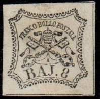 * 1852 - Stato Pontificio - 8 Bay Bianco (9), Gomma Originale, Margini Perfetti, Cert M. Merone (1.000) - Papal States