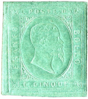 * 1853 – Sardegna - “II Emiss. Sardegna” 5c Verde (4)  Nuovo Con Gomma, Cert. A.Diena & L. Guido (45.000) - Sardinia