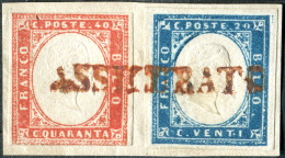Fr 1855 - “IV Emiss. Sardegna"c.20 Cobalto Verdastro (15e) C.40 Rosso Scarlatto Chiaro (16Aa) Annullati Assicurato In Ro - Sardinien