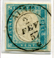 Us 1855 - “IV Emiss. Sardegna” C.20 Cobalto Latteo (15ca) Usato Aime 2 Febbraio 1857 Annullo Di Pregio (P.ti 10) Cert. C - Sardinia