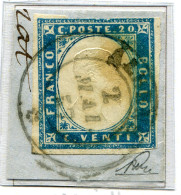 Fr 1855 - “IV Emiss. Sardegna” Frammento C.20 Cobalto Verdastro (15e) Albens 2 Mai 1857 ( 7 Punti) (Savoia), Cardillo E  - Sardinië
