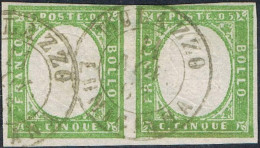 Us 1855 - “IV Emiss. Sardegna” Coppia C.5 Verde Chiaro Smorto (13Eb) Usato Mulazzo Lunigiana 14 Nov. 1863 (punteggio 13) - Sardinien