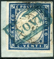 Fr 1855 - “IV Emiss. Sardegna” C.20 Azzurro Scurissimo (15C) Usato Novi Cartella Azzurro (11 P.Ti.) Tinta Del 1860 Cardi - Sardegna