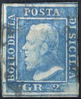 Us 1859 - Sicilia "2 Grana Azzurro " (6a) I Tav. Carta Di Napoli Usato Pos. 32/100, Ver. L. Guido (225) - Sicilia