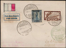 Ltr 1933 - Zeppelin - Cartolina Posta Aerea Zeppelin Da Tripoli, Libia 25c (49) Tripolitania 3L (22) Cert. Viesti (600) - Storia Postale (Zeppelin)
