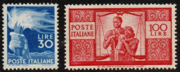 ** 1945 - Italia Repubblica -  "Democratica" (563+565) Lire 30 E 100  Integri Centrati , Cert Fabris (€ 1.500) - 1946-60: Nieuw/plakker