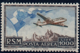 ** 1951 - San Marino - Posta Aerea - Bandiera, Aereo E Veduta (Pa 99), Gomma Integra, Cert M.Merone (850) - Posta Aerea