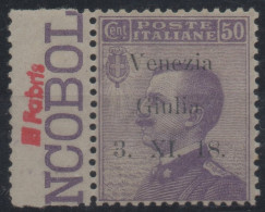 ** 1918 - Venezia Giulia - Francobollo D'Italia Sopr. Saggio (S1) Caratteri Sottili, Cert. Cilio (3.600) - Venezia Giulia