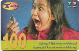 Greenland - Tusass - Girl With Mobile, GSM Refill, (Big Barcode & Big SN.), 100kr. Exp. 08.12.2007, Used - Greenland