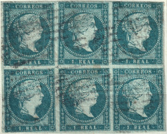 ESPAGNE - ESPAÑA - 1855 Ed.41 1R Azul Verdoso - Bloque De 6 Usado Parilla Negra - (fil. Lazos) - Usados