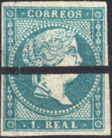 ESPAGNE - ESPAÑA - 1855 Ed.45M (MUESTRA) 1R Azul Verdoso Con Raya De Tinta (filigrana Lineas Cruzadas) (c.94€) - Usados