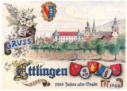 73923242 Ettlingen 1200 Jahre Alte Stadt Schloss Wappen Blumen Kuenstlerkarte So - Ettlingen