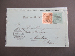Österreich 1895 Kartenbrief 3 Kreuzer Mit 2 Kreuzer Zusatzfrankatur Strichstempel Schruns - Konstanz Villa Stromeyer - Cartas-Letras