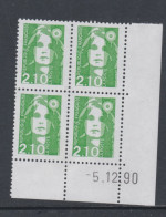 France N° 2622 XX Marianne De Briat 2 F. 10 Vert En Bloc De 4 Coin Daté Du 5 - 12 - 90 ; Sans Charnière, TB - 1980-1989