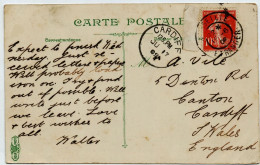 MARSEILLE ETRANGER Carte Postale C Semeuse Yv Ob  11 6 1909 Dest Cardiff S Wales Pays De Galles - 1877-1920: Semi Modern Period