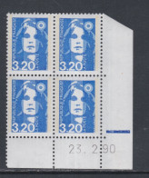 France N° 2623 XX Marianne De Briat 3 F. 20 Bleu En Bloc De 4 Coin Daté Du 23 - 2 - 90 ; 1 Barre; Sans Charnière, TB - 1980-1989