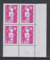 France N° 2624 XX Marianne De Briat 3 F. 80 Rose En Bloc De 4 Coin Daté Du 12 - 7 - 90 ; Sans Charnière, TB - 1980-1989
