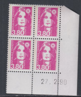 France N° 2624 XX Briat 3 F. 80 Rose En Bloc De 4 Coin Daté Du 27 - 2 - 90 ; Gomme Légèrement Altérée, Sinon TB - 1980-1989