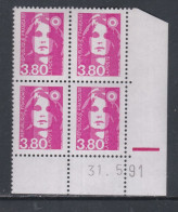 France N° 2624 XX Briat 3 F. 80 Rose En Bloc De 4 Coin Daté Du 31 - 5 - 91 ; 1 Barre ;Gomme Légèrement Altérée, Sinon TB - 1980-1989
