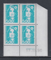 France N° 2625 XX Marianne  Briat 5 F. Bleu-vert En Bloc De 4 Coin Daté Du 13 - 11 - 90 ; 2 Traits ; Sans Charnière, TB - 1980-1989